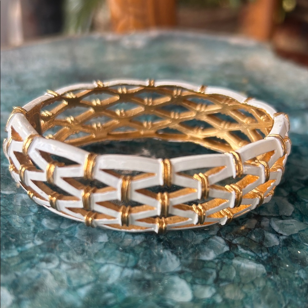 Gold-tone & White Enamel Woven Openwork Hinged Bangle Bracelet - Picture 8 of 8